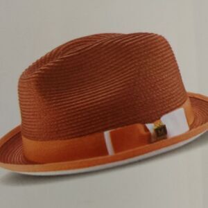MONTIQUE MEN'S PAPAYA/WHITE BOTTOM BRAIDED STINGY BRIM PINCH FEDORA HAT. H-78
